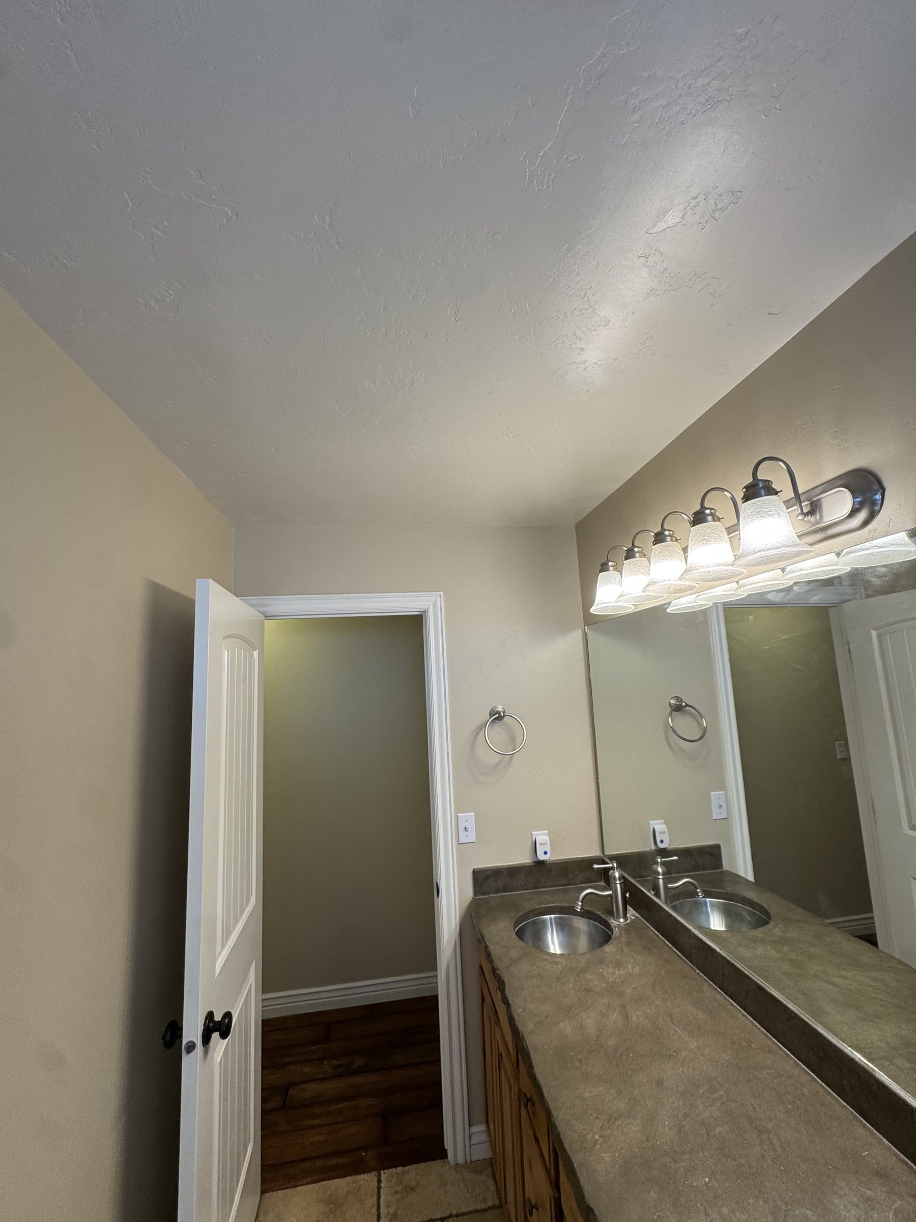 The bathroom after painting, with walls and ceiling recoated in a warm greige, a new white paneled door and casing hung, and the existing oak vanity, concrete counter and mirror kept in place.